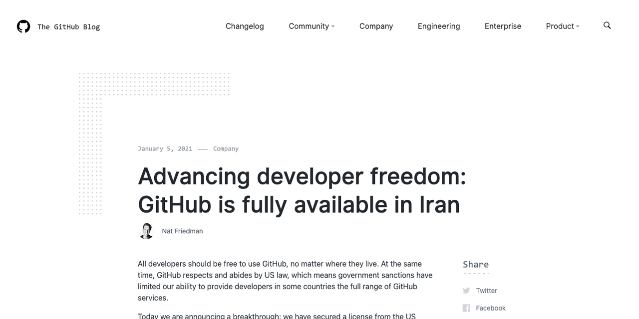 GitHub拆墙，恢复伊朗地区开发者使用，此前因美制裁措施封禁伊朗开发者